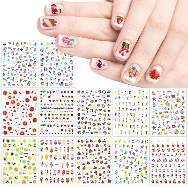 JSRQT 12 Sheets Nail Stickers Cute for Kids and Little Girls, Self Adhesive Nail Art Stickers for Women, Colorful Mermaid Flower Leaves Fruits Design Nail Sticker Supplies for Nail Art Decoration