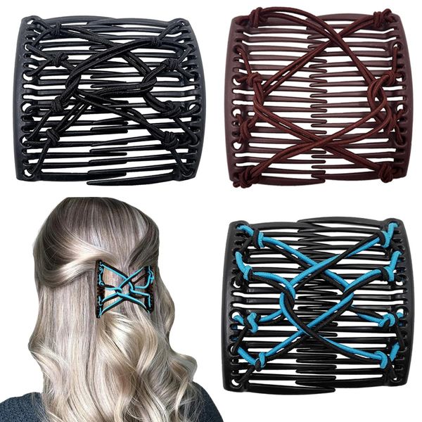 3 Pieces Stretchy Double Comb Hair Clip Magic Hair Side Combs for Women Elastic Wood Beaded Hair Bun Maker Hair Accessories for Curly Thick Wavy Hair (Black, Blue, Brown)