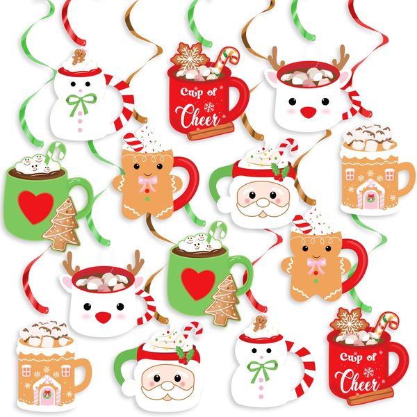 20Pcs Christmas Gingerbread Mug Theme Party Hanging Swirls, Christmas Snowman Elk Santa Coffee Mug Ceiling Hanging Streamers Decorations for Christmas Birthday Party Supplies Baby Shower Decor