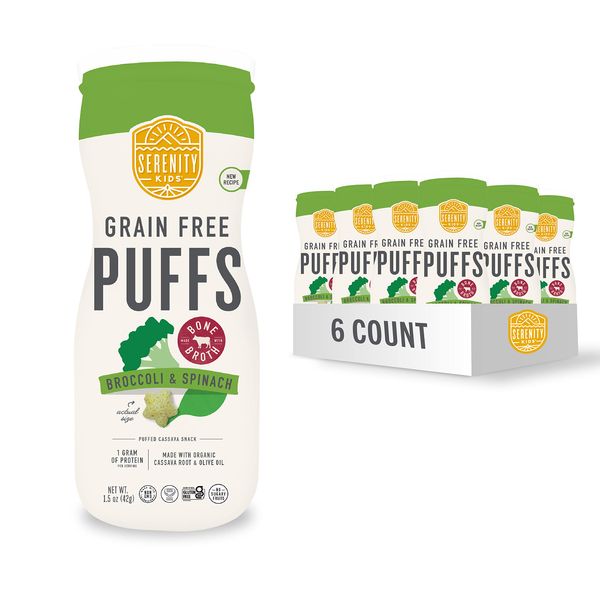 Serenity Kids 6+ Months Grain Free Puffs Toddler & Baby Snack | No Added Sugar, Gluten & Rice Free, Allergen Free | Made with Organic Cassava, Veggies, and Herbs | Broccoli & Spinach | 6 Count