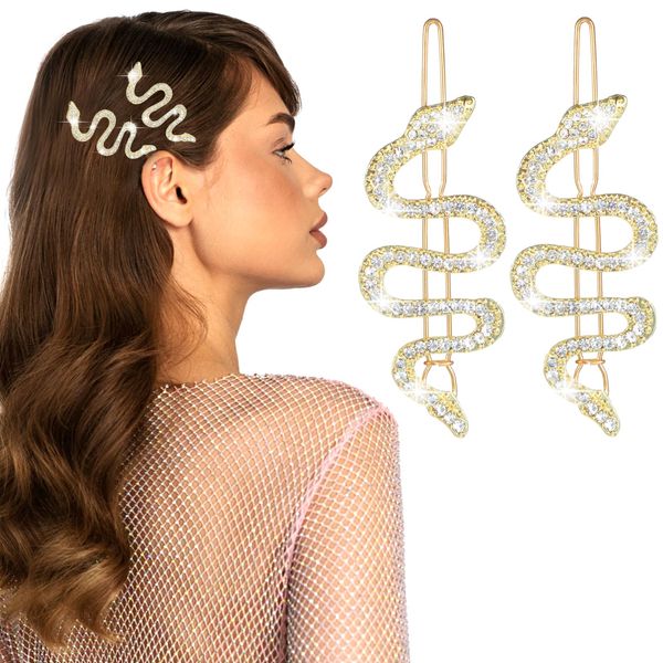 2 PCS Snake Hair Clip Sparkly Rhinestones Snake Hair Pins, Alloy Crystal Snake Hair Party Snake Headband and Headpiece Accessories Headdress for Women Girls (Gold)