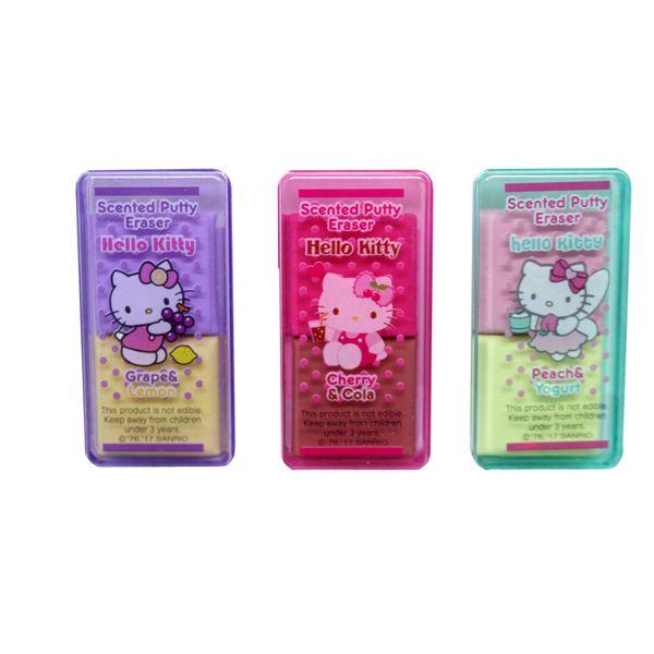 Hello Kitty Sanrio New Scented Colorful Putty Eraser Set of 3 Different Fragrances. (Peach-Yogurt/Cherry-cola/Grape-Lemon)