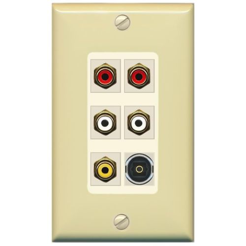 RiteAV 5 RCA (2 Red, 2 White, 1 Yellow) Toslink Wall Plate - 1 Gang Decorative [Ivory/Light-Almond]
