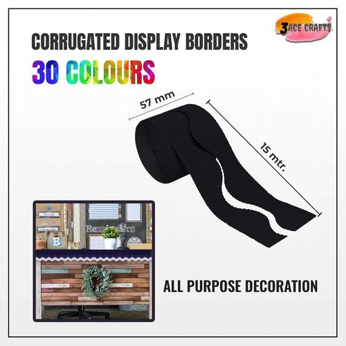 3 Ace Crafts Size 57mm x 15m (Black) Corrugated Display Borders Roll for School Classroom Decorations, Bulletin Boards and Crown Making Crafts, Scalloped Edge Border Rolls Fade Resistant