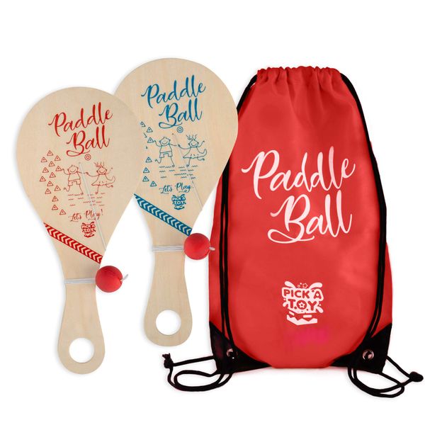 Wooden Paddle Ball (Set of 2) with Red Carry Bag Indoor Outdoor Toy: Fun and Classic Paddleball Game for Boys and Girls, Party Favor Toys Ages 4+