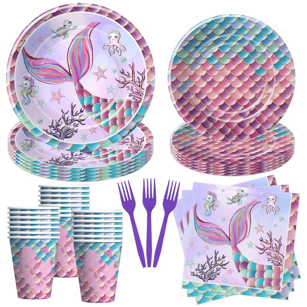 Suhelkit Mermaid Birthday Decorations Tableware - Mermaid Party Decorations, Paper Plate, Napkin, Cup, Disposable Fork, Ocean Theme Little Mermaid Birthday Baby Shower Party Supplies | Serve 24