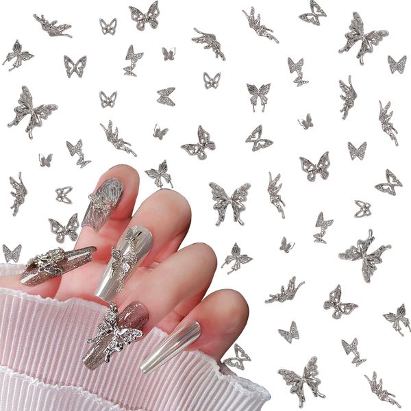 Eseres 50Pcs Butterfly Nail Charms 3D Silver Butterflies Charms for Nails Alloy Nail Art Supplies for Nails Art Decoration DIY Crafts