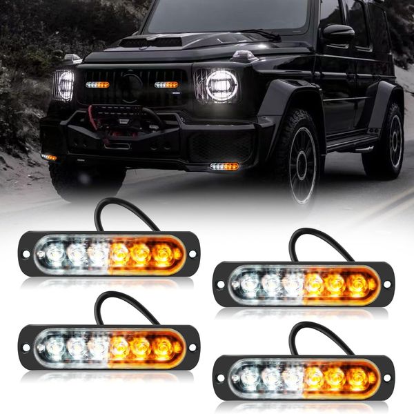 YONGMING Flashing LED Strobe Lights for Trucks Vehicle 10-30V 6LED Emergency Strobe Beacon Light Bar White and Amber Safety Warning Lights,16 Flash Patterns Traffic Light, Pack of 4