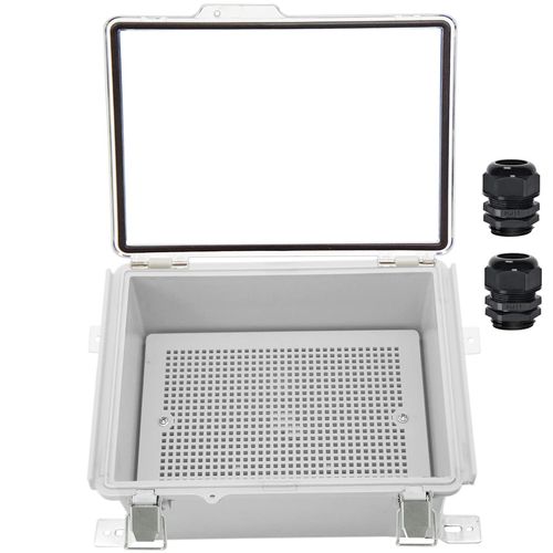 Zulkit Junction Box IP67 Waterproof Electrical Box Hinged Clear Cover Stainless Steel Latch Plastic Enclosure for Project w Mounting Plate Wall Bracket and 2 Cable Gland 8.7"x6.7"x4.3"/220x170x110mm