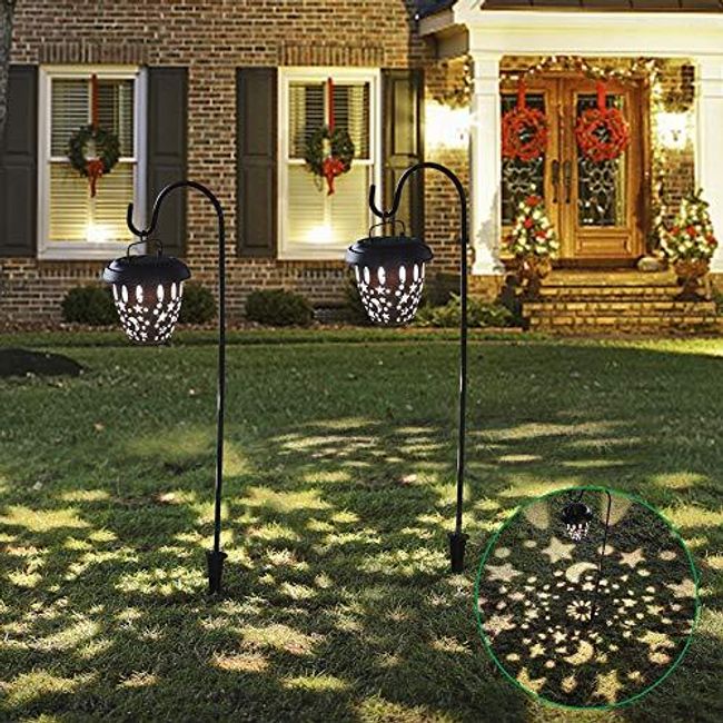 2 Pack Hanging Solar Lights Dual Use Shepherd Hook Lights with 2 Shepherd Hooks, 26.5 Inch 15 Lumen Beautiful Star &Moon Pattern