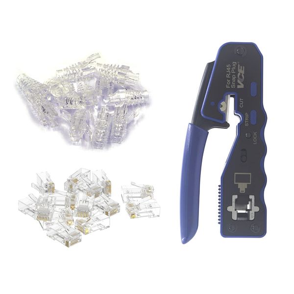 VCE GJ670BL RJ45 Crimping Tool + Through RJ45 Connector + Protective Cover for CAT6, CAT5 LAN Cable, Easy Wiring, Crimping and Disconnecting, Prevents Cracking, Set of 25