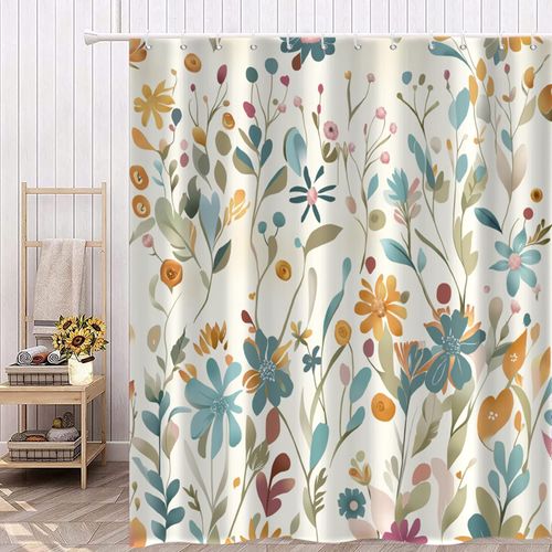 GKLEASG Colorful Floral Shower Curtain, Boho Wildflower Cute Flower Herbs Waterproof Fabric Machine Washable for Bathroom Bathtub Decor with Hooks 72x72