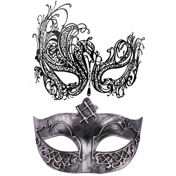 Thmyo Set of 2 Masquerade Mask for Couples, Venetian Mardi Gras Costume Ball Mask (Antique Silver & black)