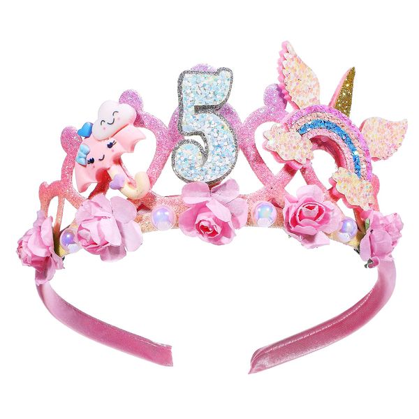 5th Birthday Headband Cute Pink Flower Crown Rainbow Princess Tiara Hair Band Decorations Number 5 Bling Aesthetic Decor for Birthday Party Accessory Gift