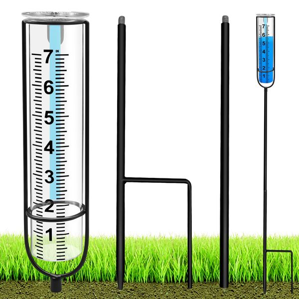 Rain Gauge for Outdoor, Freeze Proof Rain Guage Water Gauge for Rain Measure Gauge, Adjustable Height Glass Rain Gauge with Stake and Cleaning Brush, Plastic Rain Gauge for Yard Garden Lawn Decoration