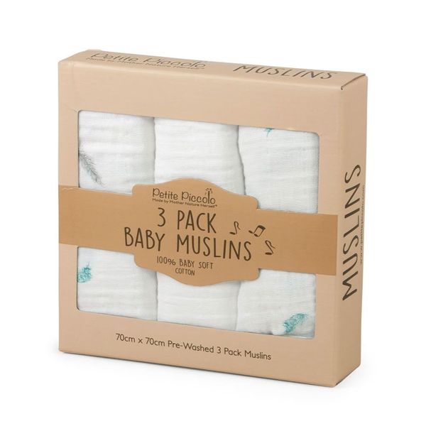 Petite Piccolo Super-soft Baby Muslins with Floating Feather Design 70cm x 70cm, Pack of 3