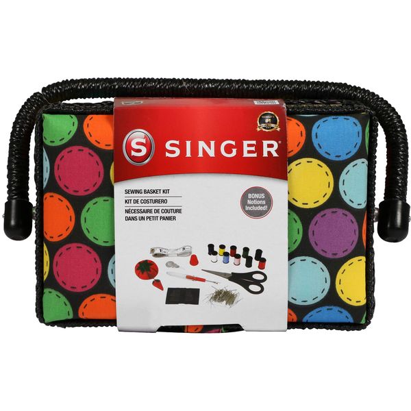 SINGER 07272 Polka Dot Small Sewing Basket with Sewing Kit Accessories,