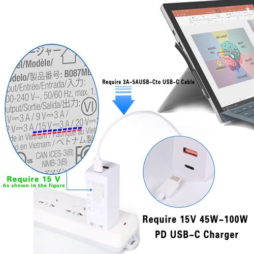 USB-C to Surface Pro Fast Charging Adapter Black Type-c Cable, Requires 15V/3A 45W PD USB-C Charger for Microsoft Surface Pro 7/6/5/4/3/X Surface Go1/2 Surface Laptop 1/2/3/4 Book Tablets