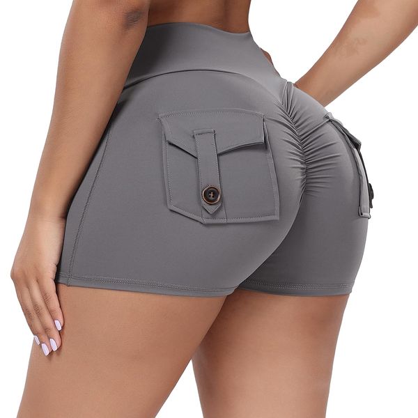 FITTOO Scrunch Bum Gym Shorts for Women Butt Lifting High Waisted Cargo Shorts with Pockets for Workout Sports Cycling Cycle Biker Running Grey L