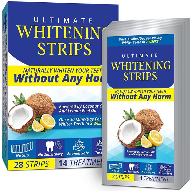 Teeth Whitening Strips for Sensitive Teeth, Tooth Whitening Strips with Coconut and Lemon Peel Oil for Whiter, Brighter Smiles (14 Treatments)