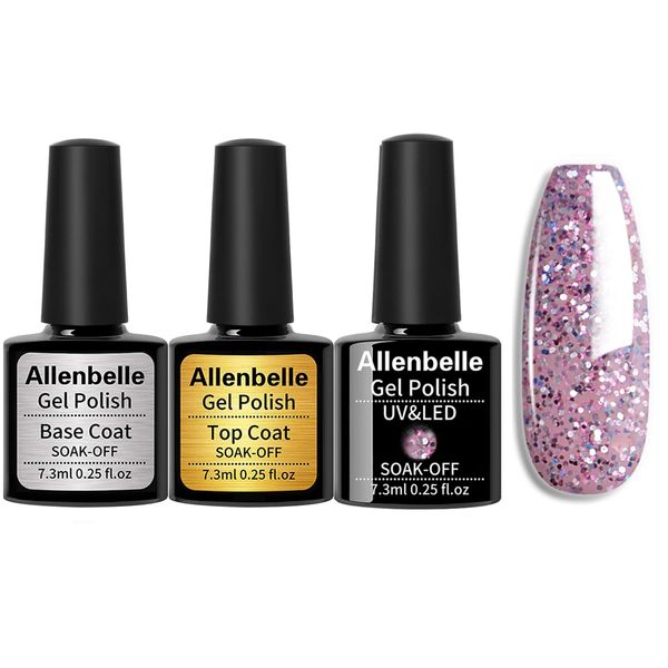 Allenbelle (Base Coat Top Coat And One Color Gel) Gel Nail Polish Set 3PC,Base Top Coat With One Gel Polish Set,Shellac Nail Polish UV LED Lamp Nail Art Nail Salon