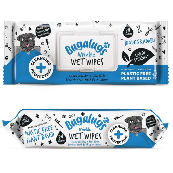 BUGALUGS Wrinkle Dog Wipes for pawly skin - 80 Biodegradable dog grooming pet wipes. Use as Dog ear wipes, dog eye wipes, dog face wipes, Paw & Bum wipes for puppy, dogs & cat grooming