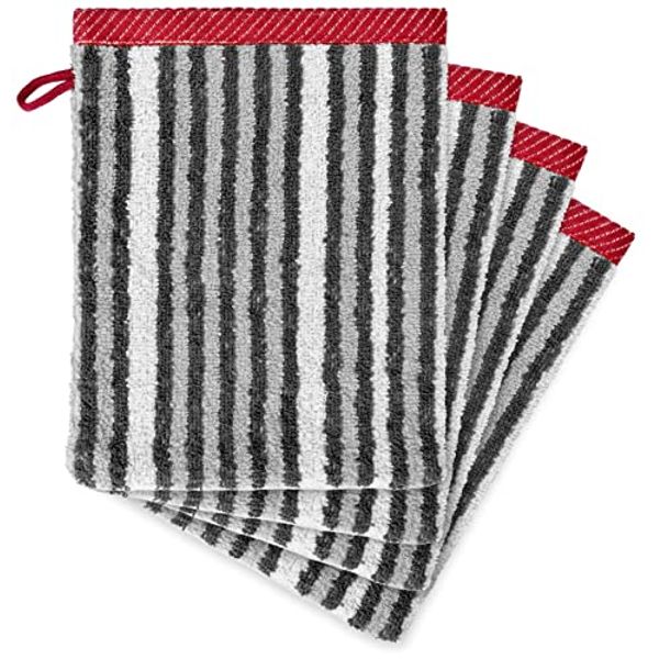 Weave Essentials - 4Pc wash gloves set | Super soft & absorbent bath & hand towels (15x20cm) | 100% Cotton | Quick Dry | Silver grey striped design