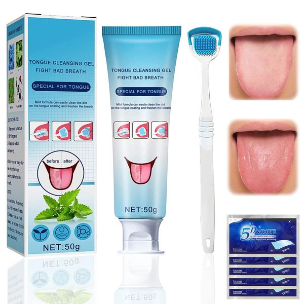 Zungenreiniger-Set,1 Zungenreiniger Gel (50g) + 1 Zungenbürste, Tongue Cleaner Zungengel zur Effektiven Mundgeruch Bekämpfen und Frischer Atem, Tongue Scraper für Zungenreinigen und pflegt die Zunge