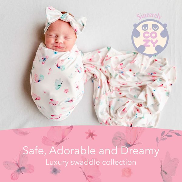 SINCERELY COZY Luxury Rayon from Bamboo Headband & Baby Swaddle for Newborns 0-3 Months, Little Butterfly Newborn Swaddle Blanket for Baby Girls, Hypoallergenic, Breathable & Buttery Soft