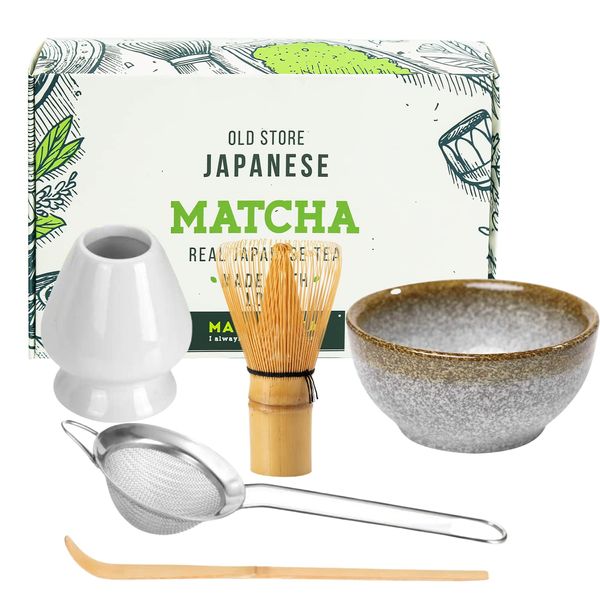 KAISHANE Bamboo Matcha Tea Whisk Set of 5 Including 100 Prong Matcha Whisk, Whisk Holder,Traditional Scoop,Tea sifter,and Ceramic Matcha Bowls