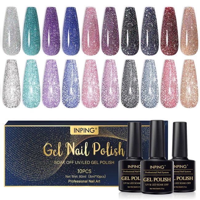 INPING Gel Nail Polish, 10 Colors Reflective Glitter Gel Polish Set, Navy Blue Black Gold Silver Purple Pink Sparkle Shiny Diamond Flash In Darknight UV Nail Varnish for Disco DJ Dazzling Nail Art