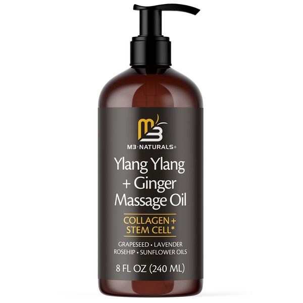 Ylang Ylang + Ginger Massage Oil for Massage Therapy and Manipulation Therapy | Collagen and Stem Cell Anti Cellulite Body Oil for Lymphatic Massage and Sore Muscles Skincare by M3 Naturals