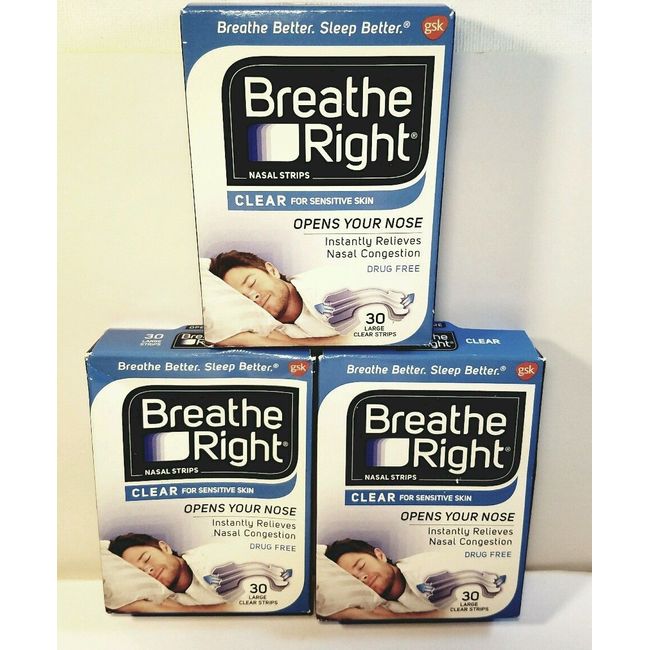 90 BREATHE RIGHT NASAL STRIPS LARGE CLEAR FOR SENSITIVE SKIN ( 3 X 30 CT BOXES )