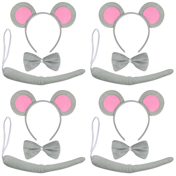 12PCS Mouse Costume Set, Mouse Ears Headband, Bow Tie and Tail, Kid Adults Headband Tail Animal Dress Up Set, Mouse Animal Costume Headpiece for Cosplay Birthday Party Carnival