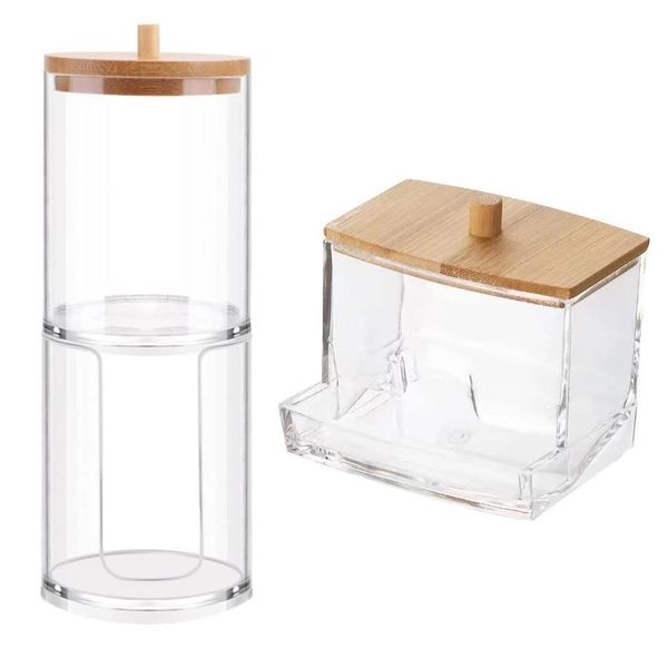 Sctmda Cotton Buds Container, Pack of 2 Cotton Pads, Storage Cotton Buds Holder, Cotton Buds Storage Cotton Pad Dispenser with Bamboo Lid, Cotton Buds Dispenser, Make Up Organiser Set