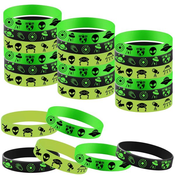 48PCS Green Alien Party Rubber Bracelets, Outer UFO Space Alien Themed Birthday Party Decorations Supplies Decor Gifts Goodie Bag Favors Green Alien Silicone Wristbands