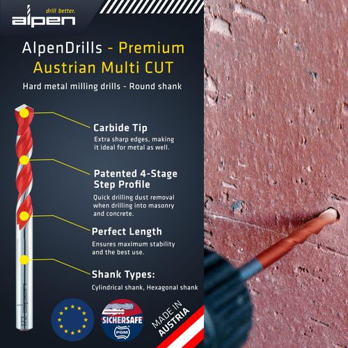 Alpen Multicut Drill Bit Set - 5-Pieces - Drill Set for Versatile Drilling in Tiles, Masonry, Metal, Wood, and Plastic - Durable Carbide Tip Drill Kit with Cylindrical Shank (Cylindrical, 5 PCS Set)