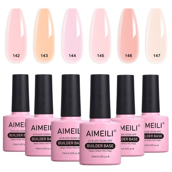 AIMEILI 8 in 1 Sheer Color Builder Nail Gel, Jelly Nude Gel Nail Polish Set Builder Nail Strengthener Extension False Nail Tips Glue Gel in a Bottle, 6pcs X 10ml - Gift Kit 35