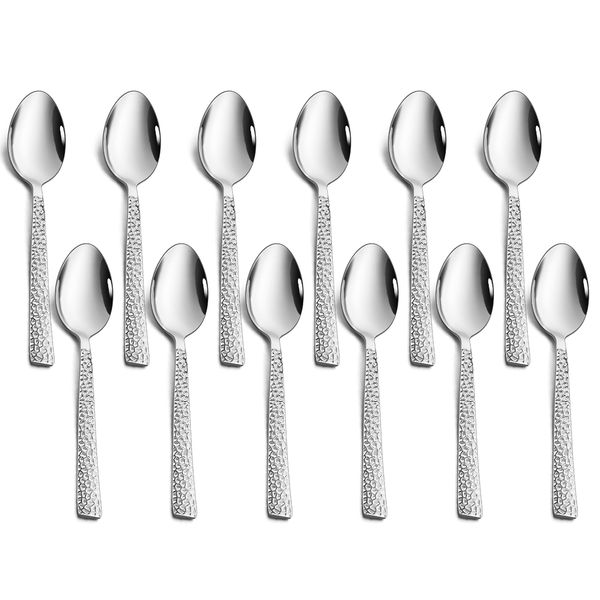 Herogo Teaspoons, 12-Piece Stainless Steel Teaspoons Set, 14 cm Hammered Handle Coffee Spoon for Coffee, Tea, Dessert, Cake, Mirror Finish & Dishwasher Safe, Metal Silver