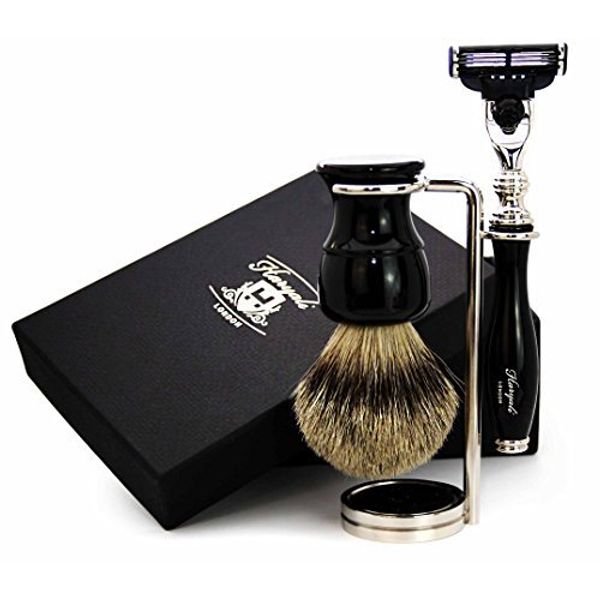 Haryali London Mens Shaving Kit 3 Edge Razor With Silver Tip Badger Hair Shaving Brush and Stand Perfect Set For Men