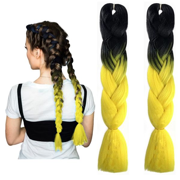 Traziewell Synthetic Hair for Braiding Ombre Hair Extensions Pre Stretched High Temperature Crochet Hair Extension Black to Yellow Hair Accessories for Women 2022