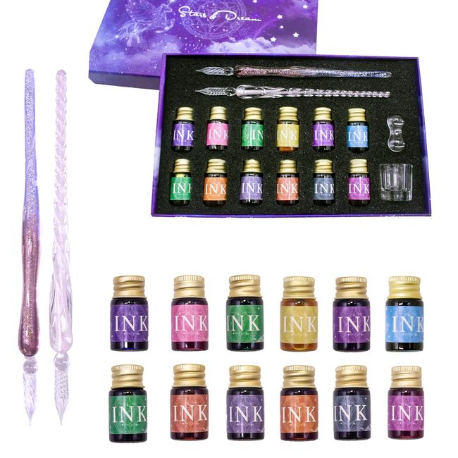 CHLDYCST Glass Pen Set, 12 Ink, 2 Pens, Gradient Glass Pen, Fountain Pen, Stylish, Gift, Gift Set of 16 (Sakura Powder)