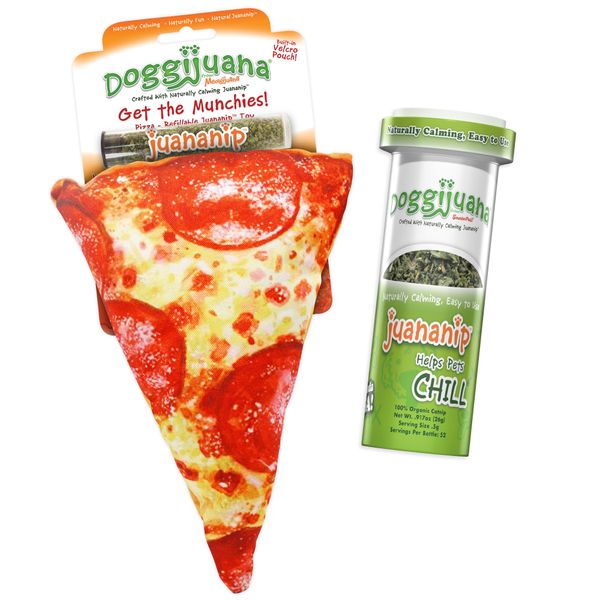 Doggijuana Bundle | Interactive Dog Toy with Juananip Refill | Includes Refillable Plush Dog Toy & Organic Juananip Refill for Natural Calming |Engaging and Relaxing Pet Play (Pizza)