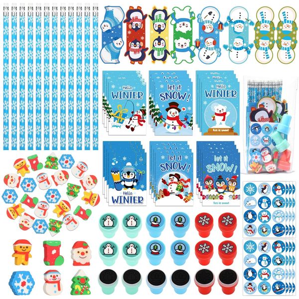 240PCS Winter Stationery Set for Kids Christmas Stationery Party Favors Snowflake Stationery Kit Snowman School Supplies Classroom Gifts Exchange Include Pencils Erasers Stickers Stamps Notebooks