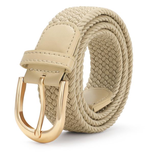 JASGOOD Braided Canvas Stretch Belt Elastic Casual Belt for Men Women with Gold Buckle,Junior 1.3 Inch Wide,Beige