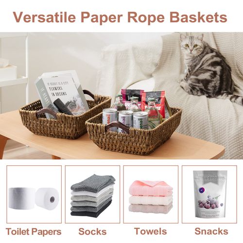 FairyHaus Hand-Woven Wicker Storage Basket with Natural Wooden Handles Set of 2, Recyclable & Renewable Paper Rope, 15x10x5 Wicker Baskets for Storage, Brown