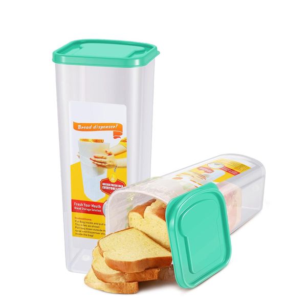Flexzion 2 Pack Airtight Bread Container with Lid - Bread Loaf Storage Container, Clear Bread Box for Homemade Bread BPA-Free Space-Saving & Durable Plastic Bread Container & Dispenser, Green