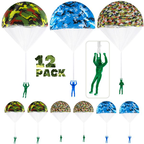 12 Pcs Camo Parachute Toy, Tangle Free Throwing Hand Throw Flying Toys, No Battery nor Assembly Required, Plastic Green Army Men Soldiers Action Figures Outdoor Games for Kids, Fun Party Favors (Camo)