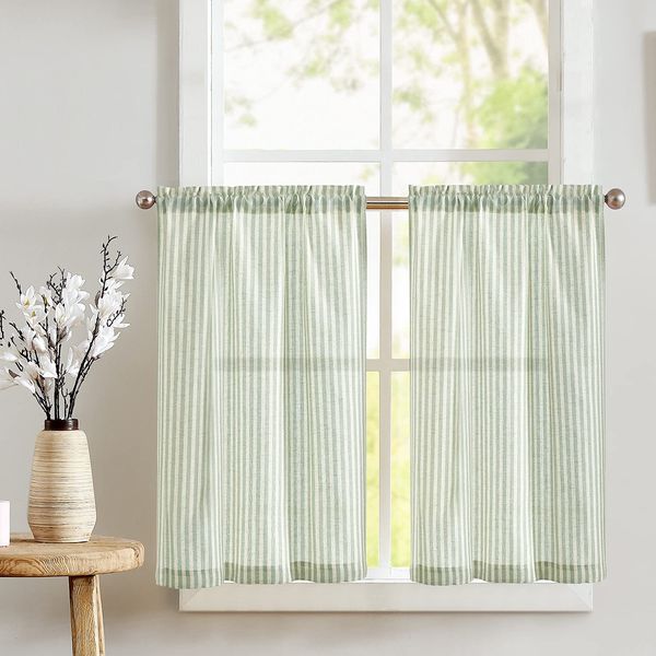 TOPICK Gestreifte Scheibengardinen Leinen Gardinen mit Streifen Küchenvorhang Blickdicht Kurz Küchengardinen für Küchen Esszimmer Badezimmer Klein Fenster 65B x 60H (cm) Grün auf Beige