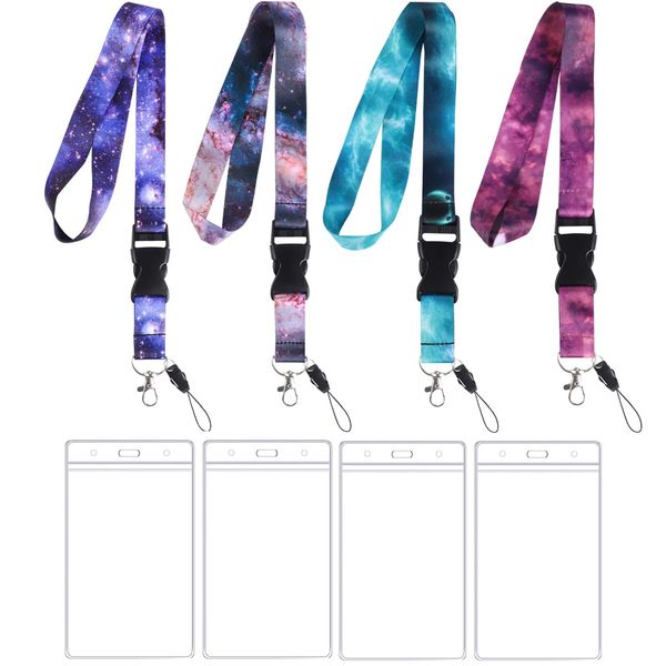 4 Pack Lanyard with Card Holder, Personalised Printed Lanyard Necklace with Transparent ID Card Holder Badge Holders Keyring Lanyards for Office Name Badge, ID Card or Keys